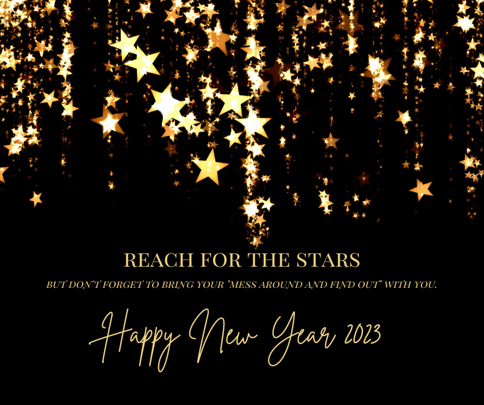 Golden stars falling down from the top of a black background with the words" Reach for the stars but don't forget to bring your "mess around and find out" with you. Happy New Year 2023" at the bottom.